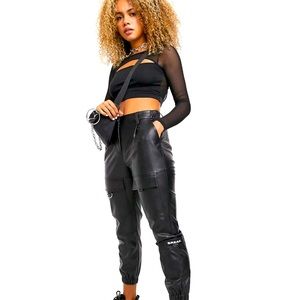 Bershka faux leather cargo pant in black